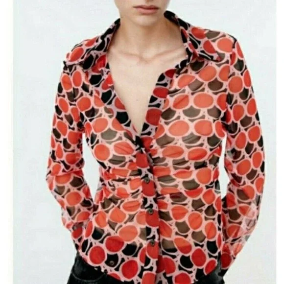 Zara Tops Zara Tulle Polka Dot Button Down Blouse Top Red